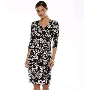 Chaps Faux Wrap Dress Black White Knee Length Floral Ruched 3/4 Sleeve Size XL